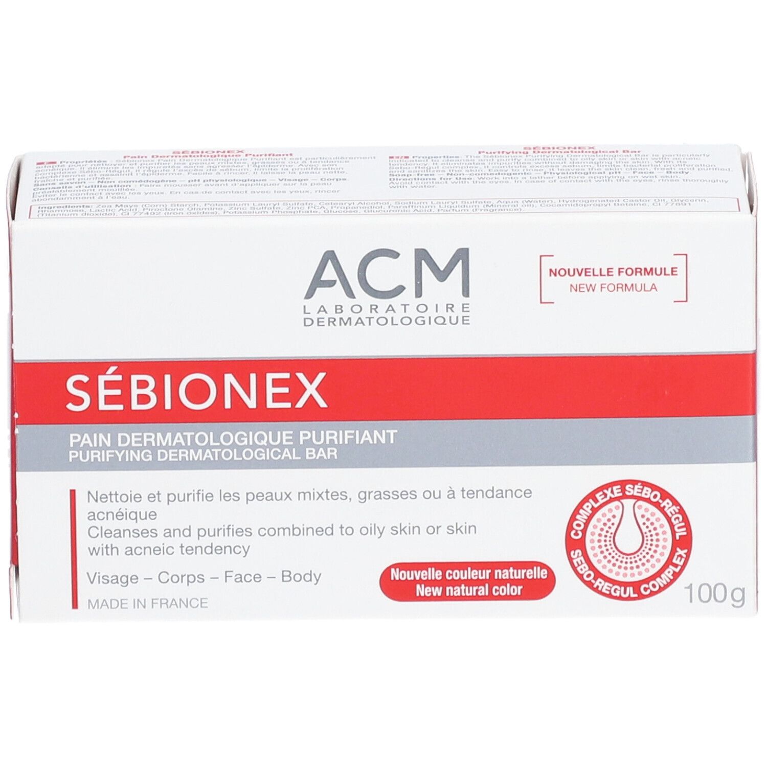 Verpakking van ACM Sébionex Pain dermatologique purifiant. Wit-rode doos met productnaam en logo. 100g.
