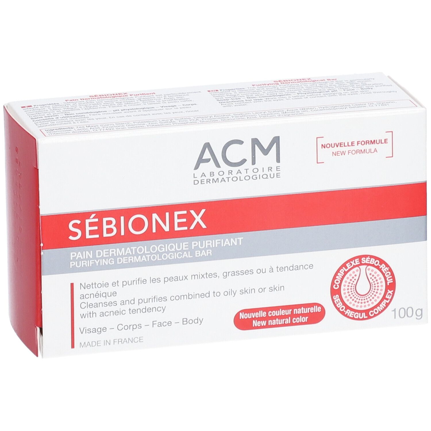 Verpakking van ACM Sébionex Pain dermatologique purifiant. Wit-rode doos met productnaam en logo. 100g.
