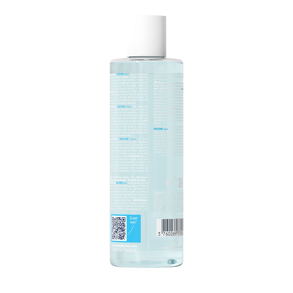 Rückseite einer transparenten Flasche mit Hautpflegelösung. Text und Barcode sind sichtbar. Weißer Deckel.