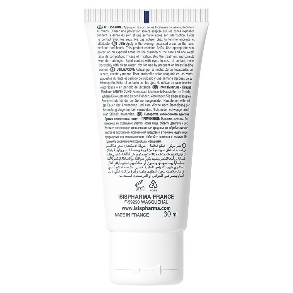 Rückseite der Tube. Text in mehreren Sprachen. ISISPHARMA, Wasquehal, Frankreich. 30 ml.