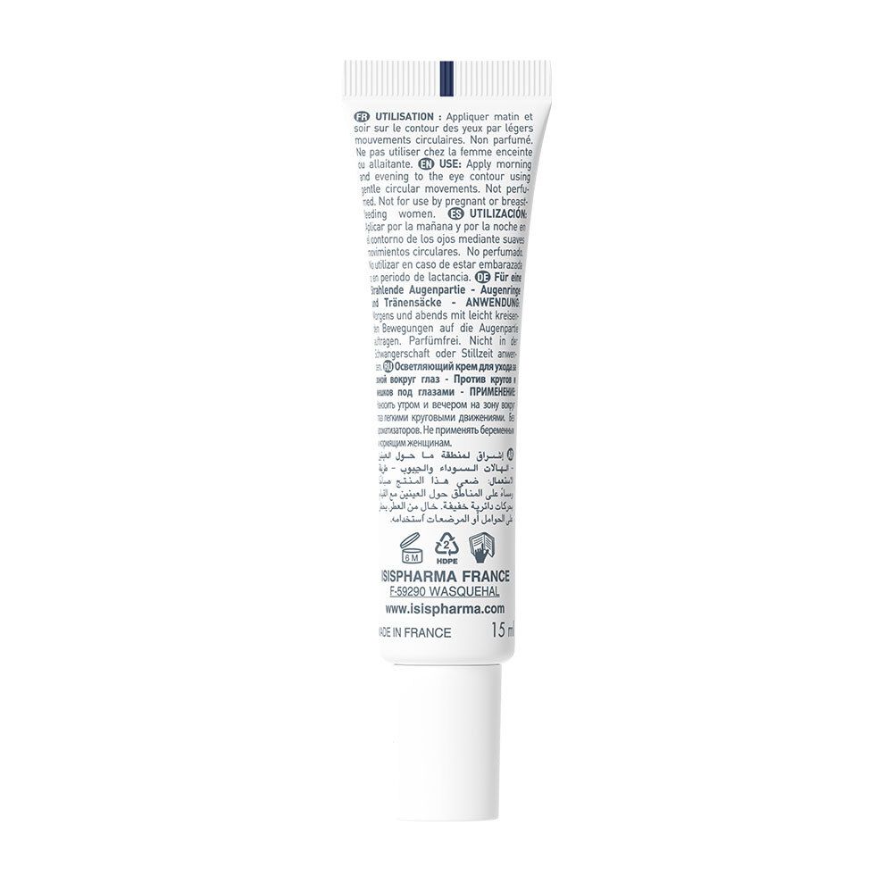 Rückseite der weißen Tube. Mehrsprachiger Text. Herstellerinformationen. Made in France. Volumen: 15 ml.