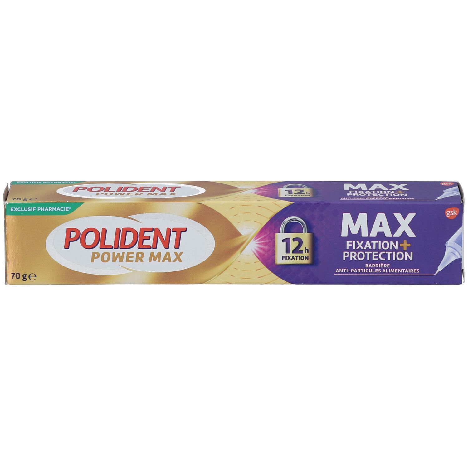 Boîte avec "POLIDENT POWER MAX" et "MAX Fixation + Protection". Design doré avec des accents violets.