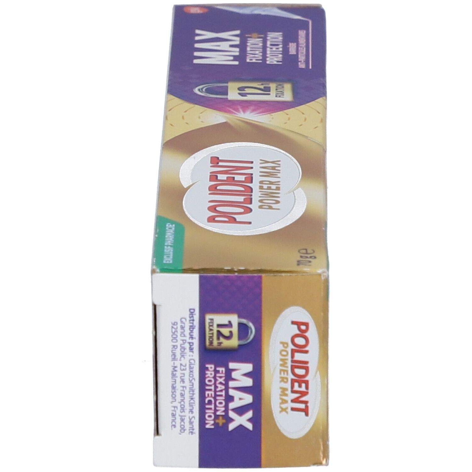 Boîte avec "POLIDENT POWER MAX" et "MAX Fixation + Protection". Vue latérale avec texte et logo.