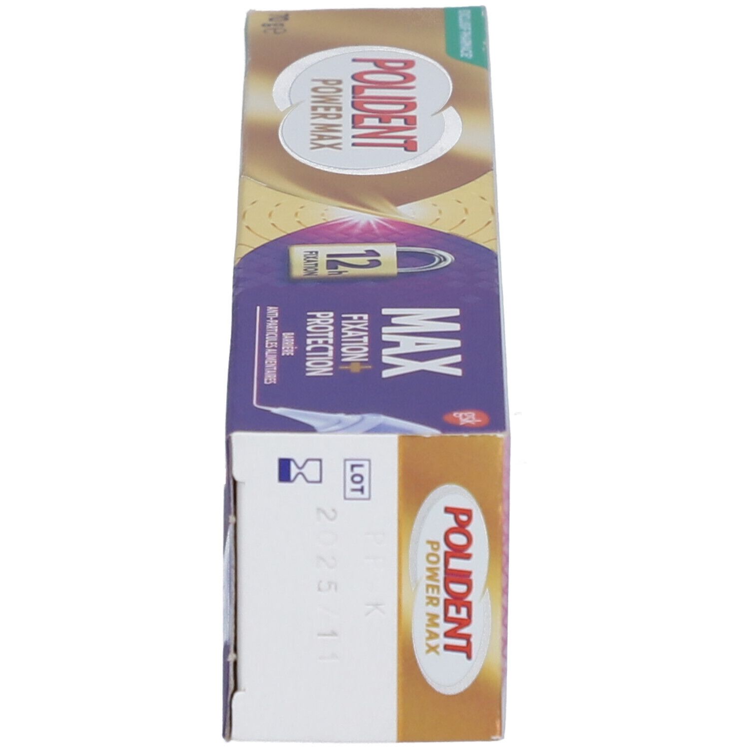 Boîte avec "POLIDENT POWER MAX" et "MAX Fixation + Protection". Vue latérale avec texte et logo.