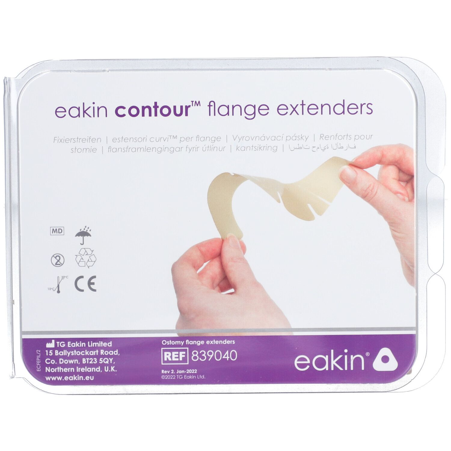 Eakin Contour Flange Extenders en emballage. Bandes beiges, partiellement sorties. Texte: Eakin, REF 839040.