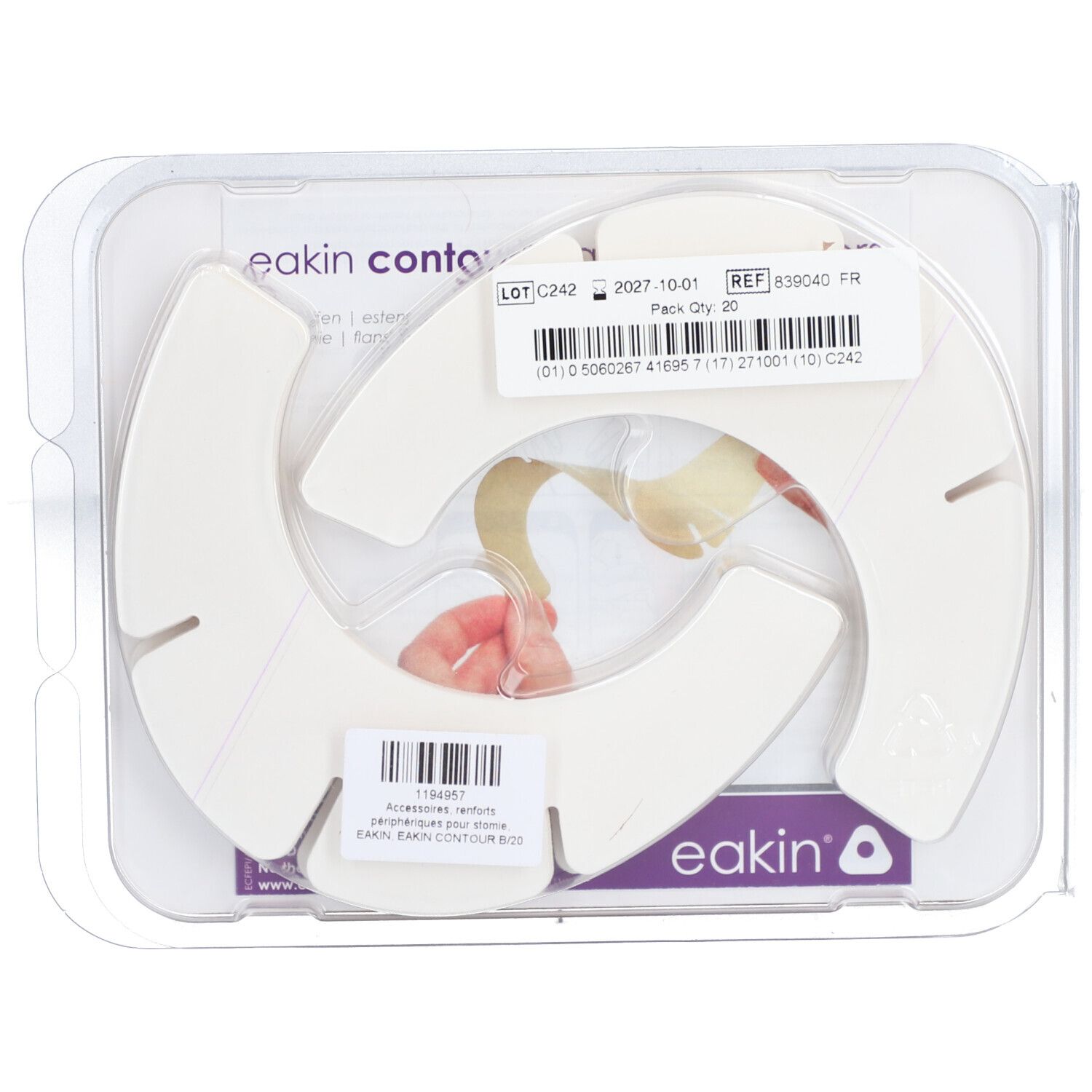 Eakin Contour Flange Extenders en emballage. Forme blanche, bandes beiges. Texte: Eakin, Pack 20, REF 839040.