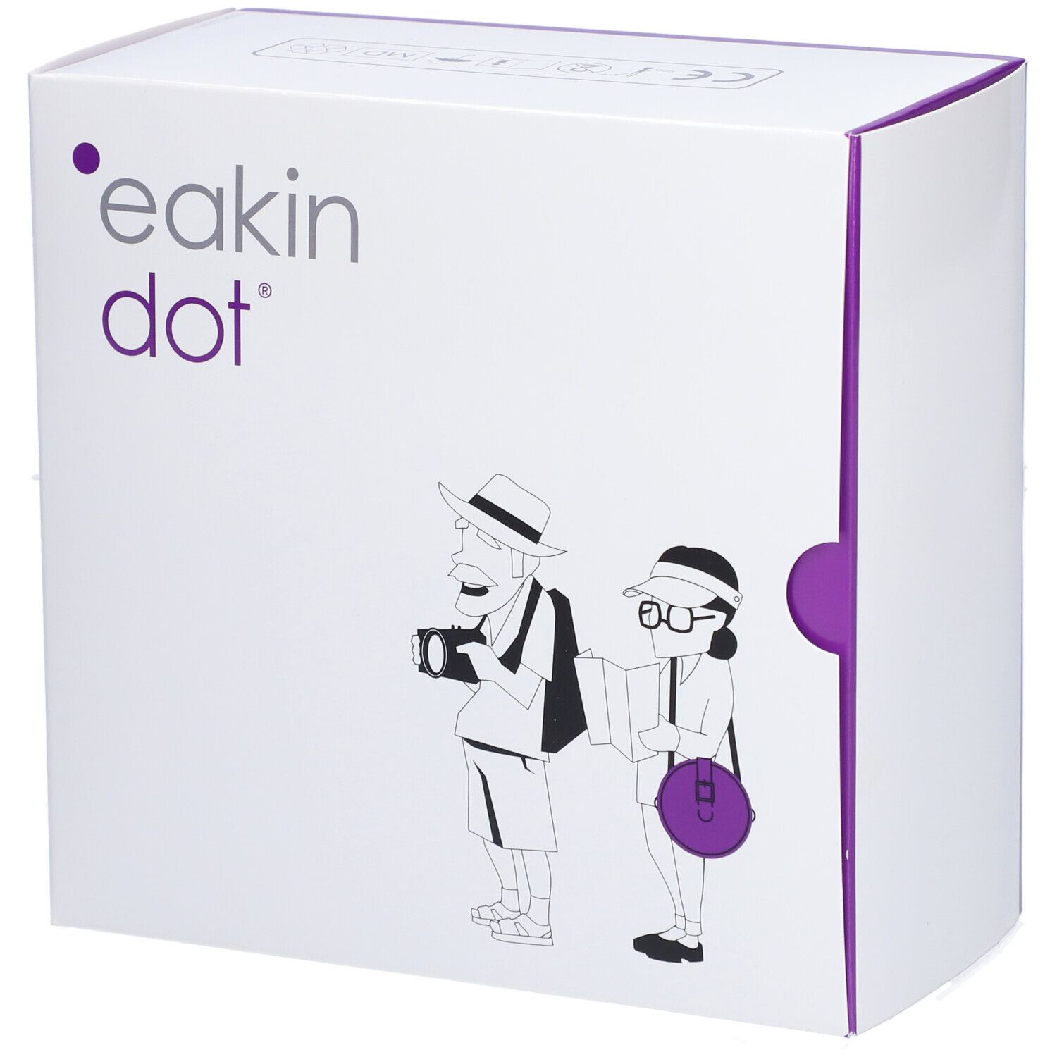 Boîte blanche avec accents violets.  "eakin dot" et illustration de touristes sur le devant.