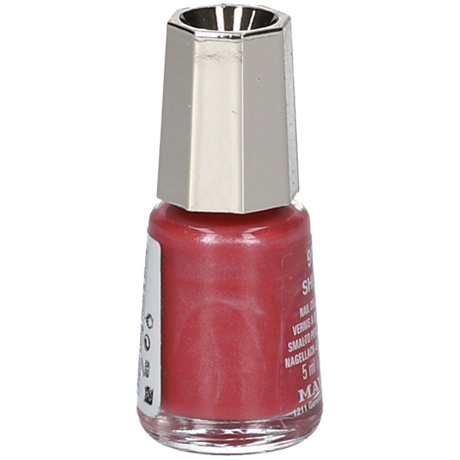 Flacon de vernis à ongles rouge. Bouchon argenté. Inscription: 976 Shiraz, Nail Color Cream, 5 ml.