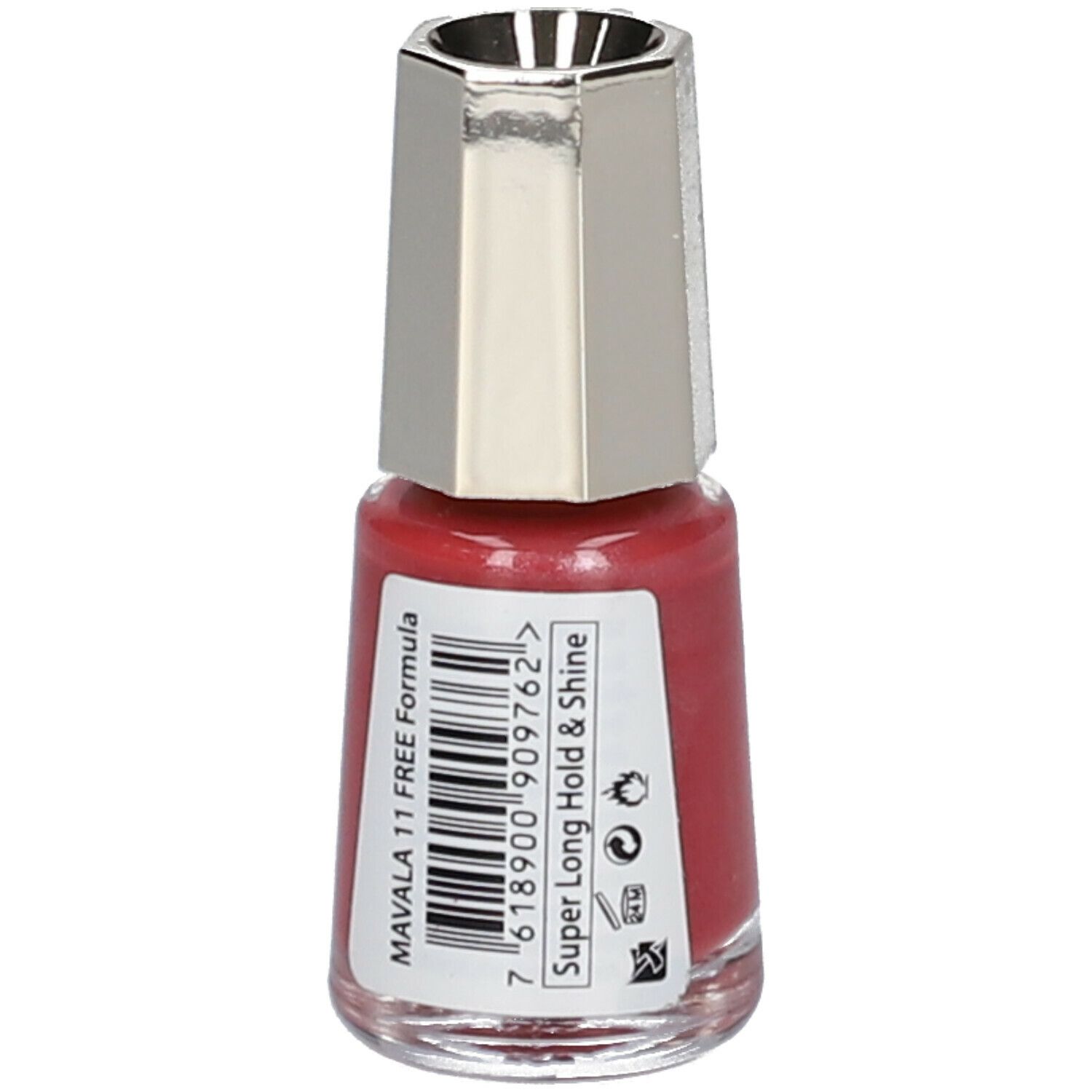 Flacon de vernis à ongles rouge. Bouchon argenté. Autocollant avec code-barres et texte: Super Long Hold & Shine.