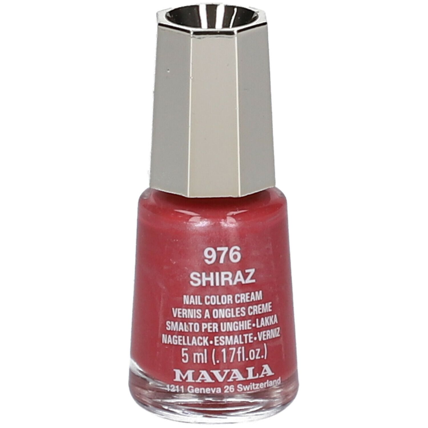 Flacon de vernis à ongles rouge. Bouchon argenté. Inscription: 976 Shiraz, Nail Color Cream, 5 ml.