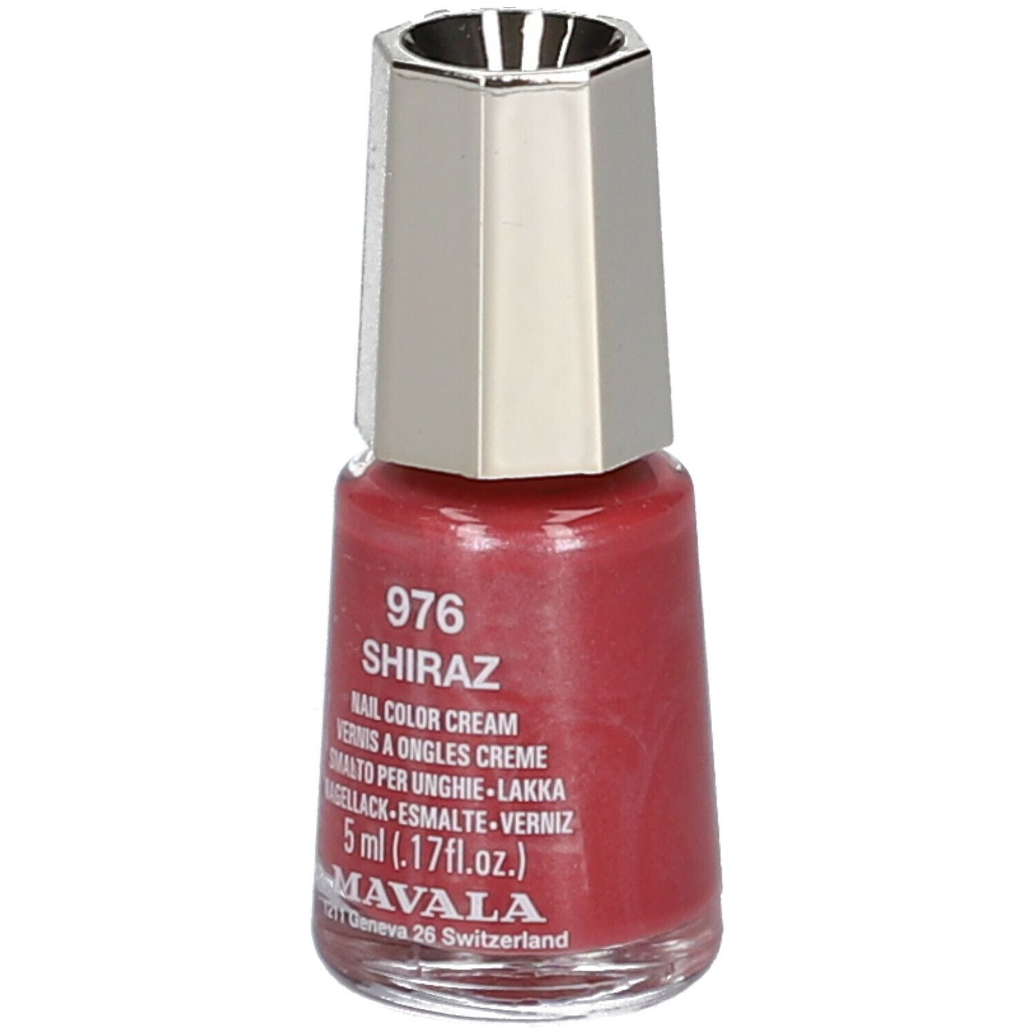 Flacon de vernis à ongles rouge. Bouchon argenté. Inscription: 976 Shiraz, Nail Color Cream, 5 ml.