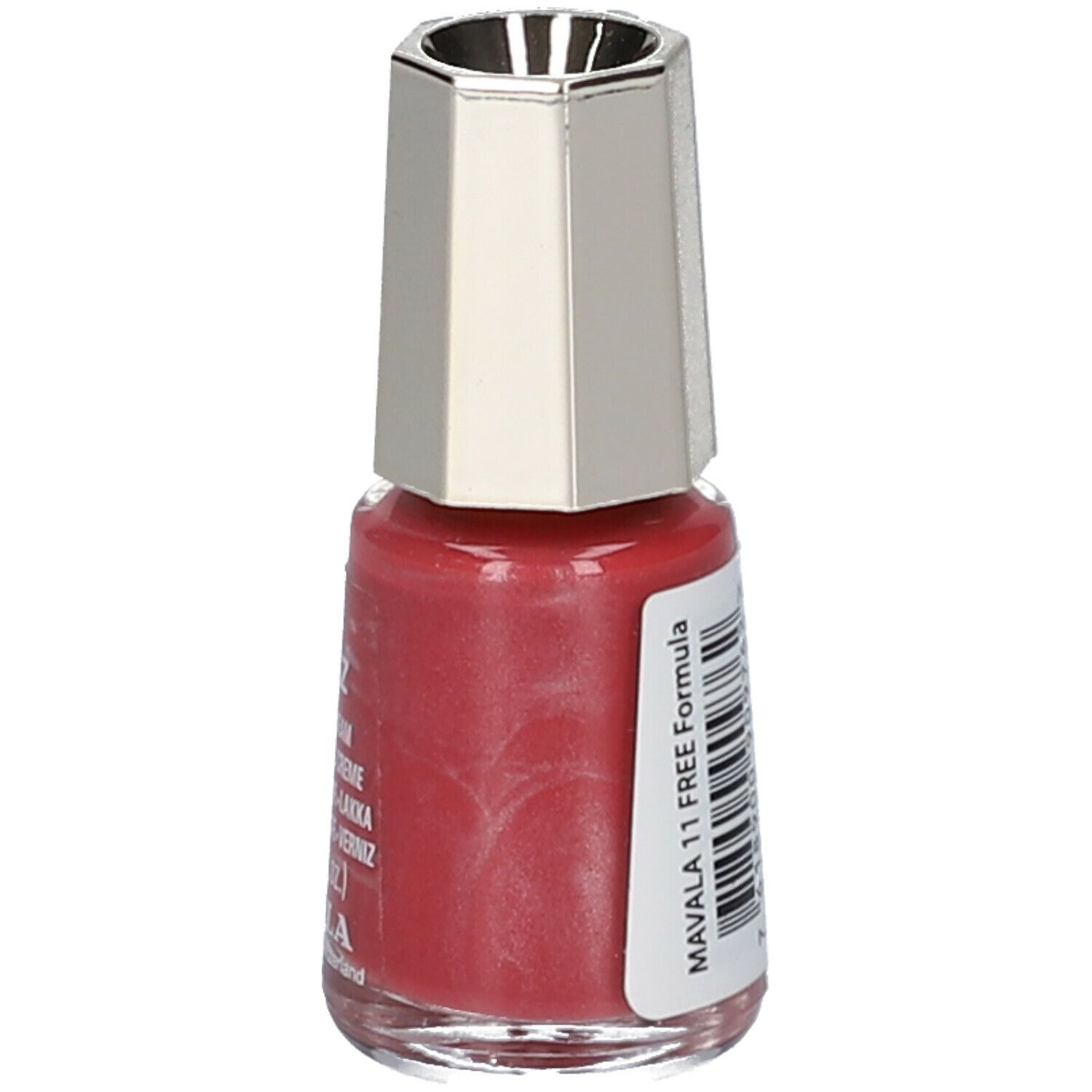 Flacon de vernis à ongles rouge. Bouchon argenté. Autocollant avec texte: MAVALA 11 FREE Formula.