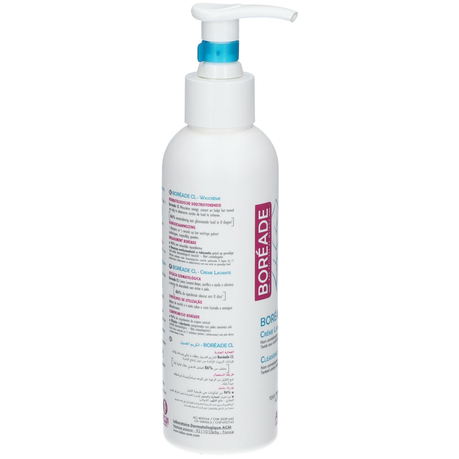 Dos du flacon blanc. Texte multilingue. BORÉADE CL Crème Lavante. 96% ingrédients d'origine naturelle.