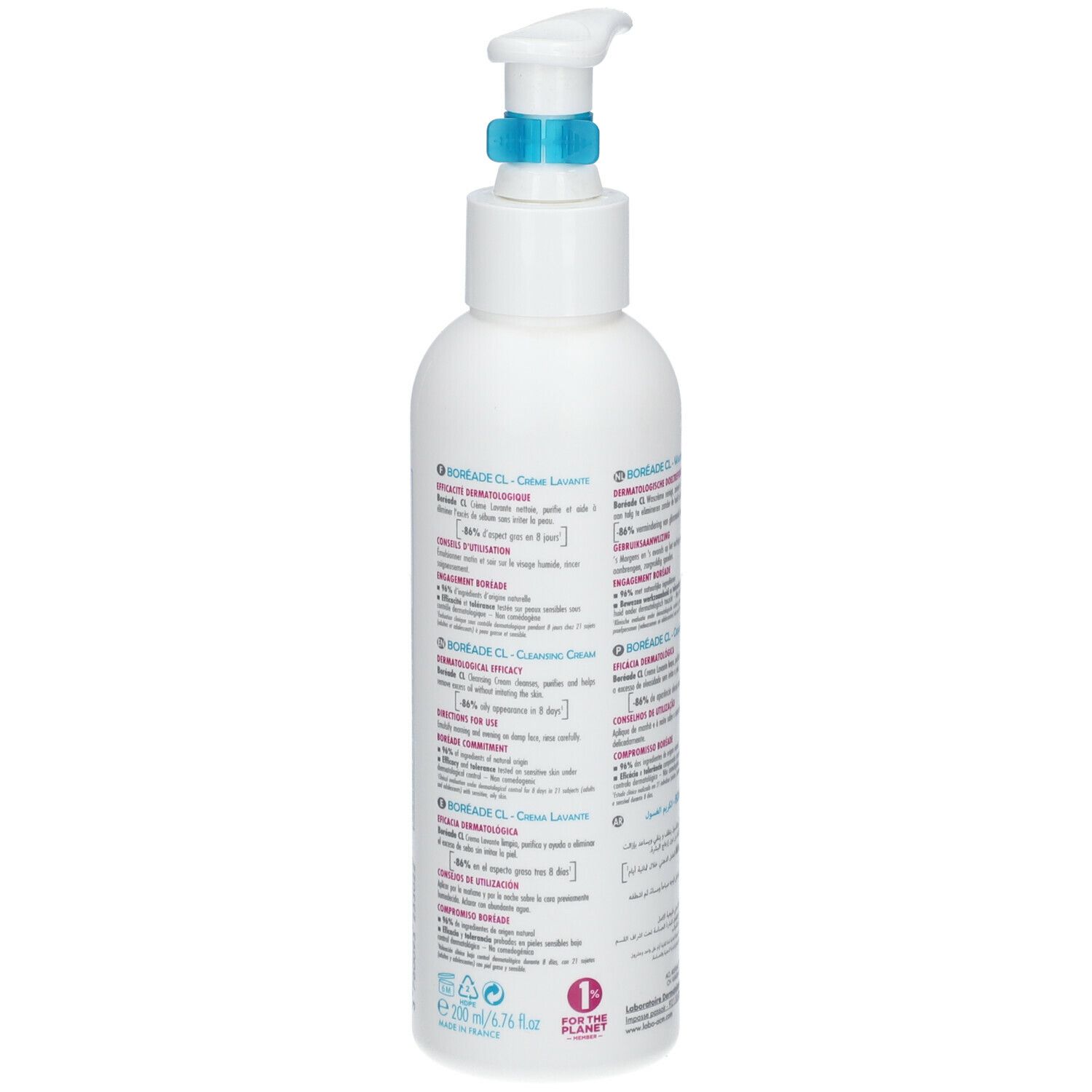 Dos du flacon blanc. Texte multilingue. BORÉADE CL Crème Lavante. 200 ml. Pour tous types de peaux.