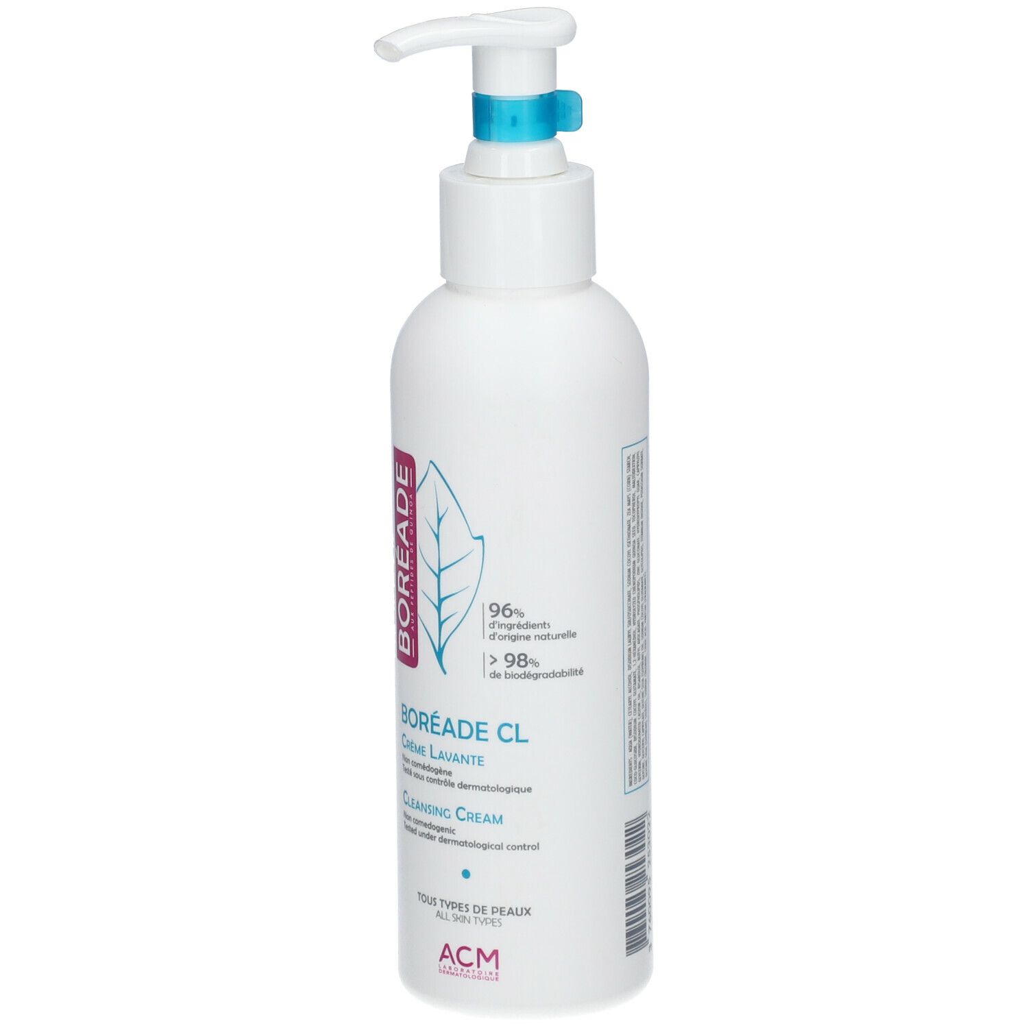 Flacon blanc avec pompe. Inscription BORÉADE CL Crème Lavante, Cleansing Cream. Pour tous types de peaux. 96% naturel.
