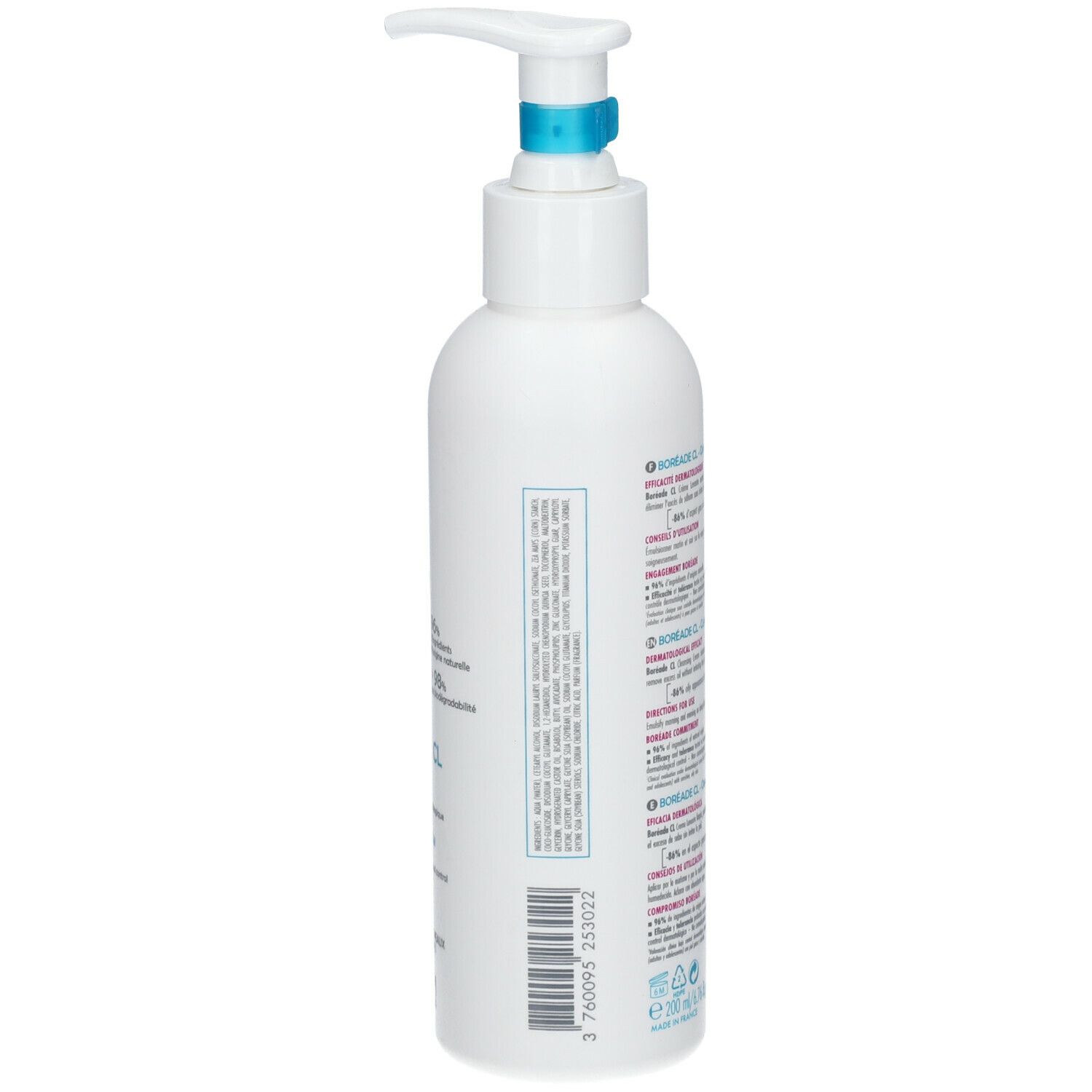 Côté du flacon blanc. Texte multilingue. BORÉADE CL Crème Lavante. 200 ml. Code-barres.