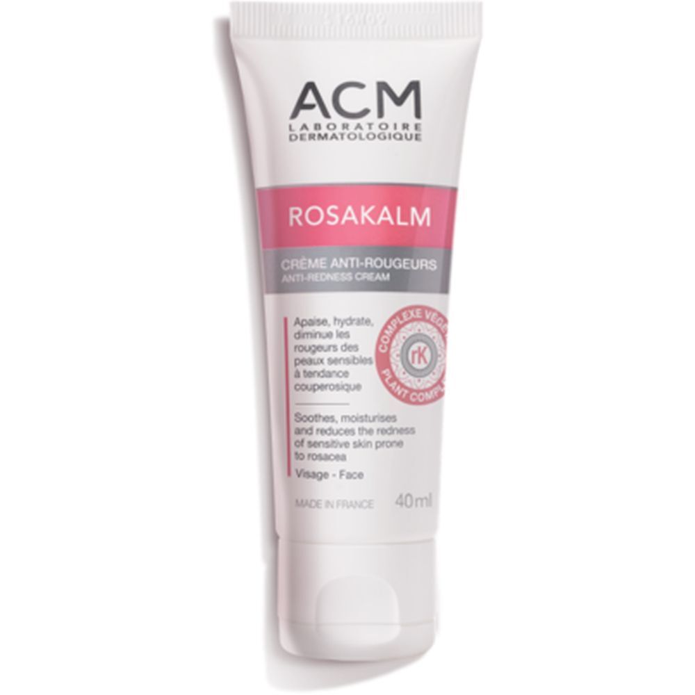 Witte tube met rode tekst ROSAKALM. Merk ACM. Anti-roodheidcrème. 40ml. Plantaardig complex.