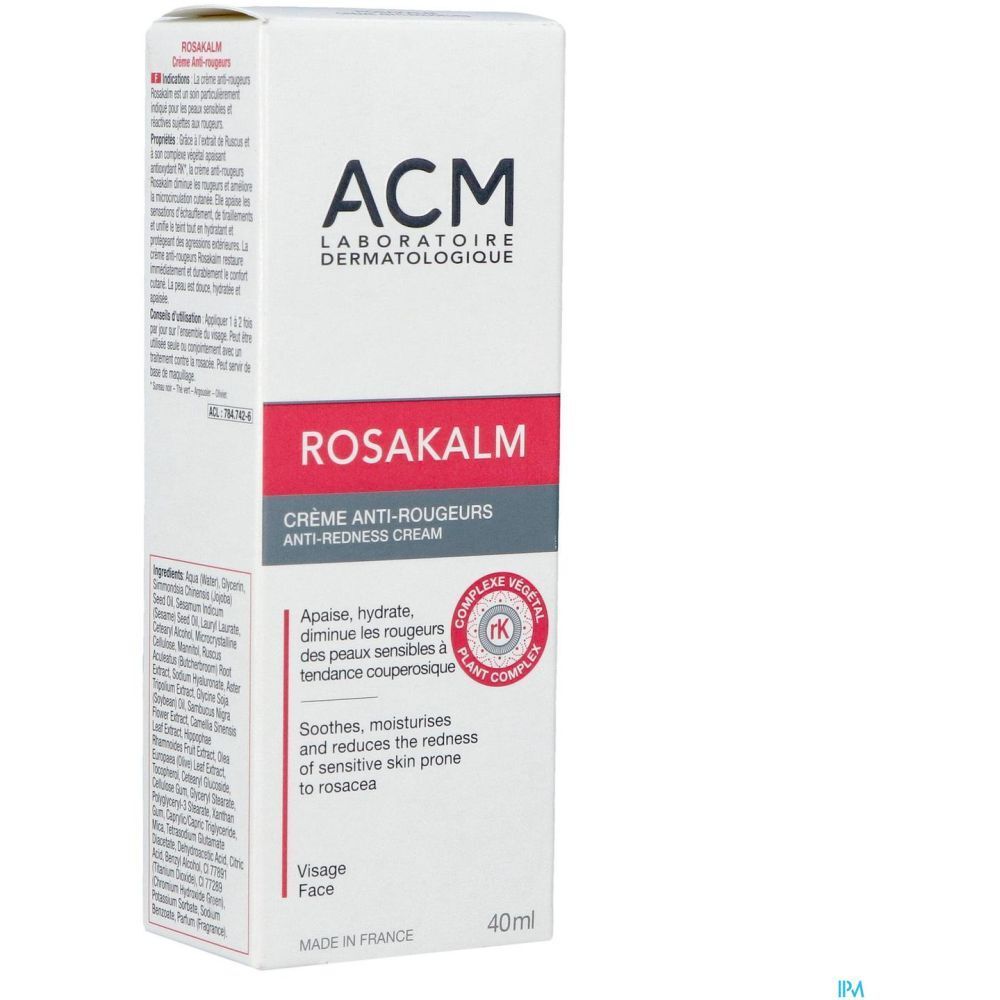 Witte doos met rode tekst ROSAKALM. Merk ACM. Anti-roodheidcrème. 40ml. Plantaardig complex.