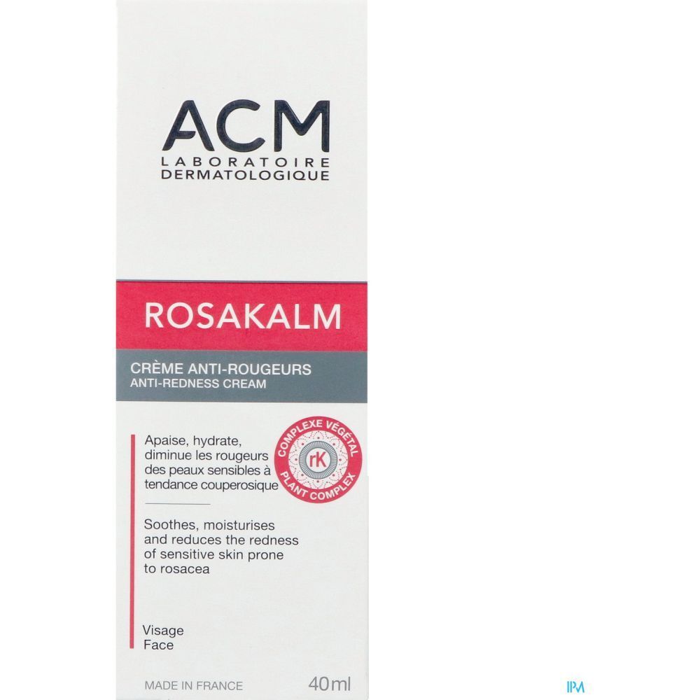 Witte doos met rode tekst ROSAKALM. Merk ACM. Anti-roodheidcrème. 40ml. Plantaardig complex.