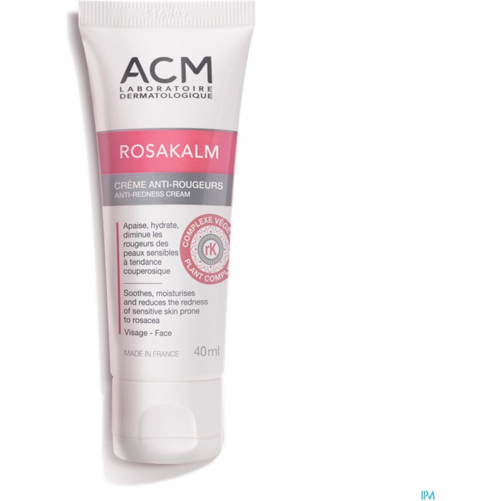Witte tube met rode tekst ROSAKALM. Merk ACM. Anti-roodheidcrème. 40ml. Plantaardig complex.