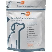 Sachet de produit pour chien. Logo en haut à gauche, nom du produit et ingrédients. Contient 6 barres.