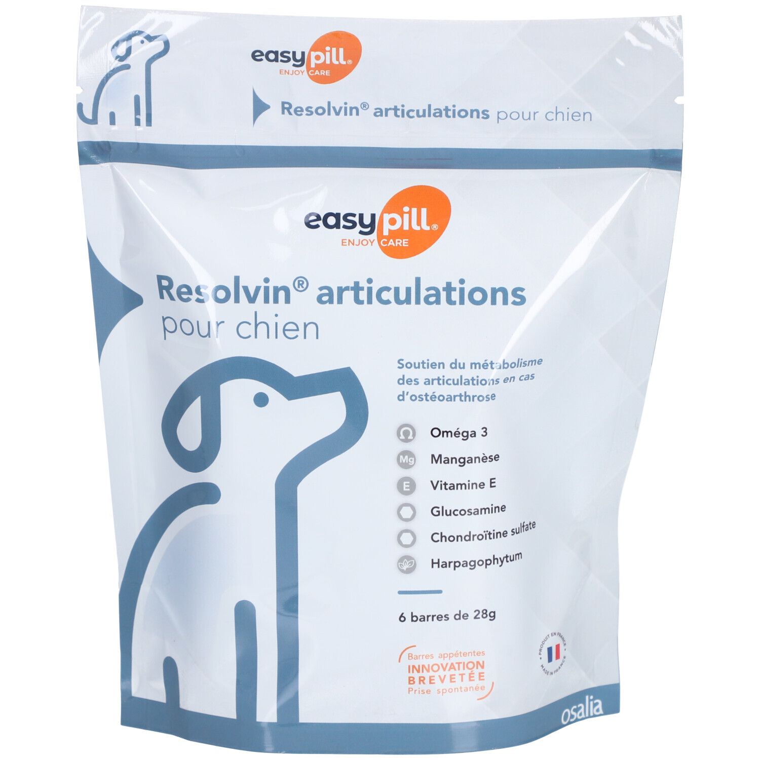 Emballage du produit avec logo et nom. Contient 6 barres. Ingrédients: Oméga 3, manganèse, vitamine E, glucosamine, chondroïtine.