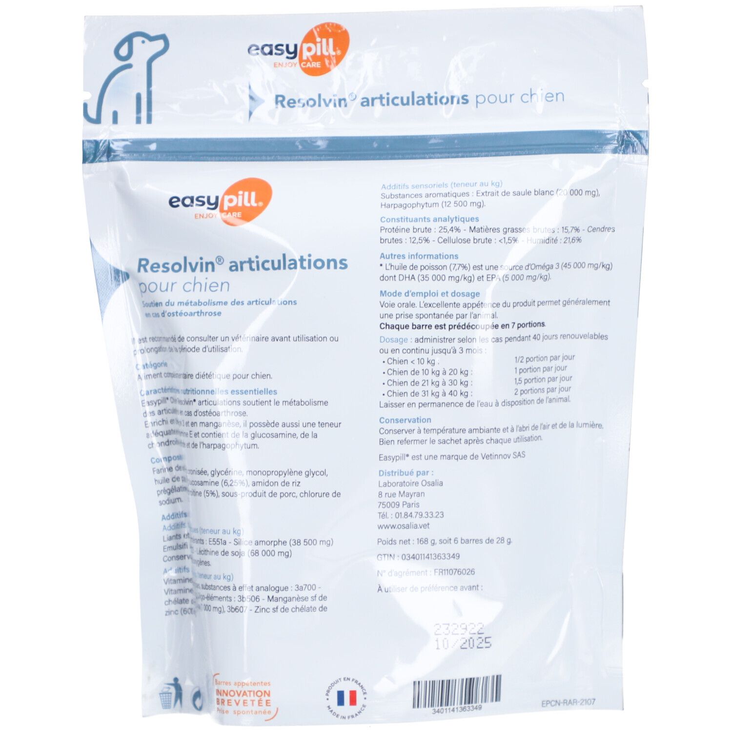 Dos de l'emballage du produit. Contient des informations sur les ingrédients, le dosage et le stockage. Texte en français.