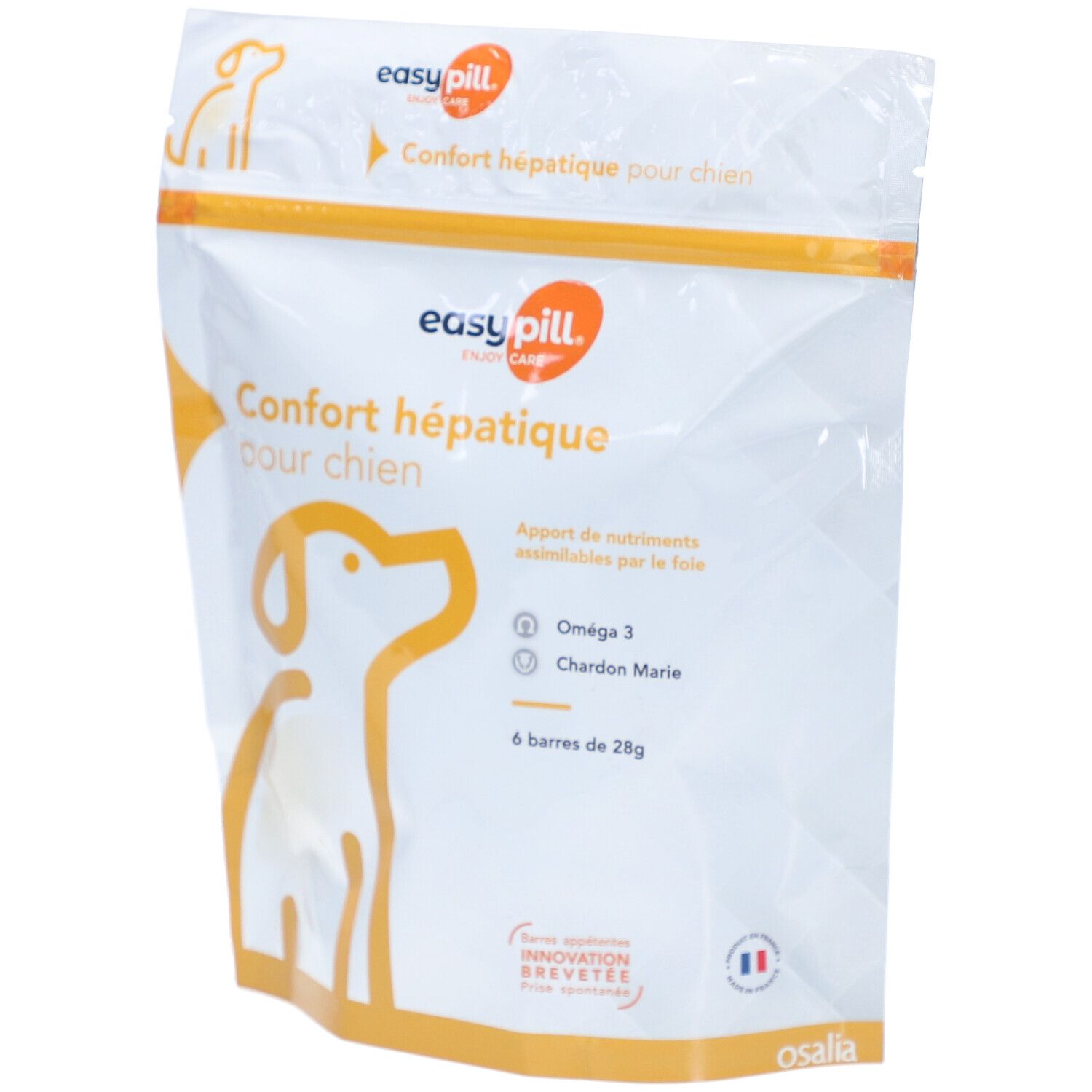 Sachet "easy pill" pour chien, "Confort hépatique". Contient 6 barres. Logo chien orange.
