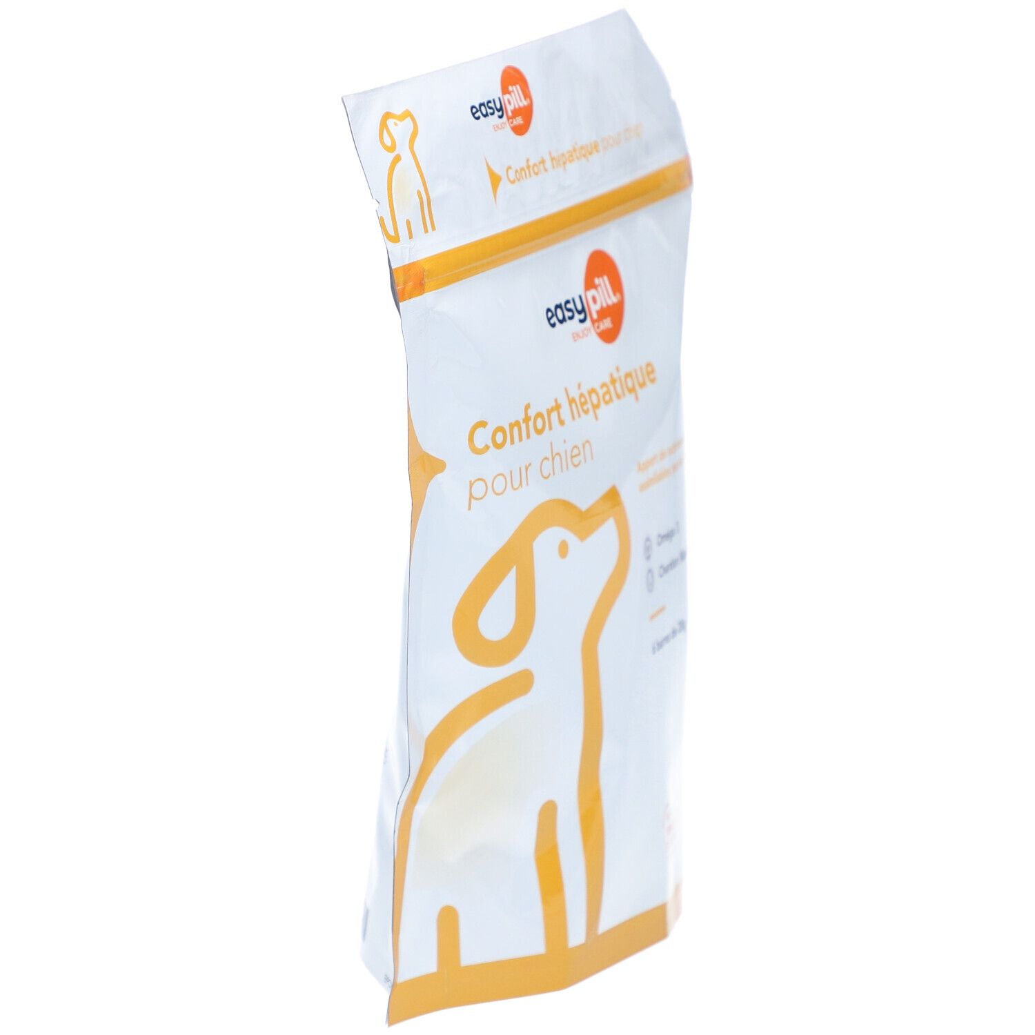 Vue oblique du sachet "easy pill". Texte: "Confort hépatique pour chien". Logo chien orange.