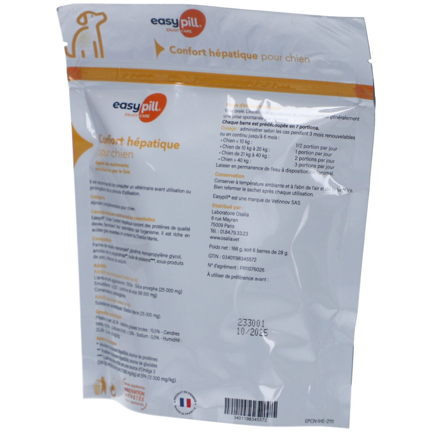 Dos du sachet "easy pill". Texte et informations. Logo "easy pill". Date de péremption.