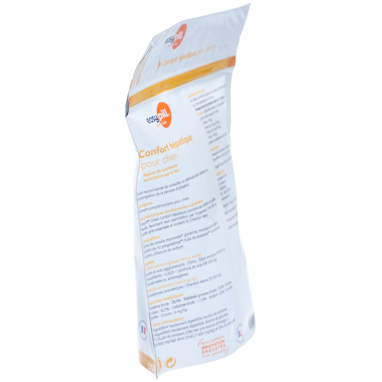 Vue oblique du dos du sachet "easy pill". Texte et informations. Logo "easy pill".