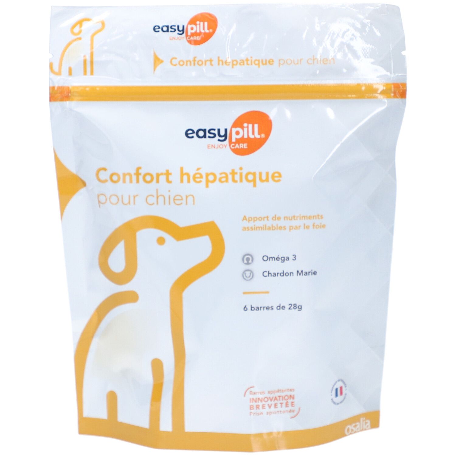 Sachet "easy pill" pour chien. Texte: "Confort hépatique". Logo chien orange. 6 barres.