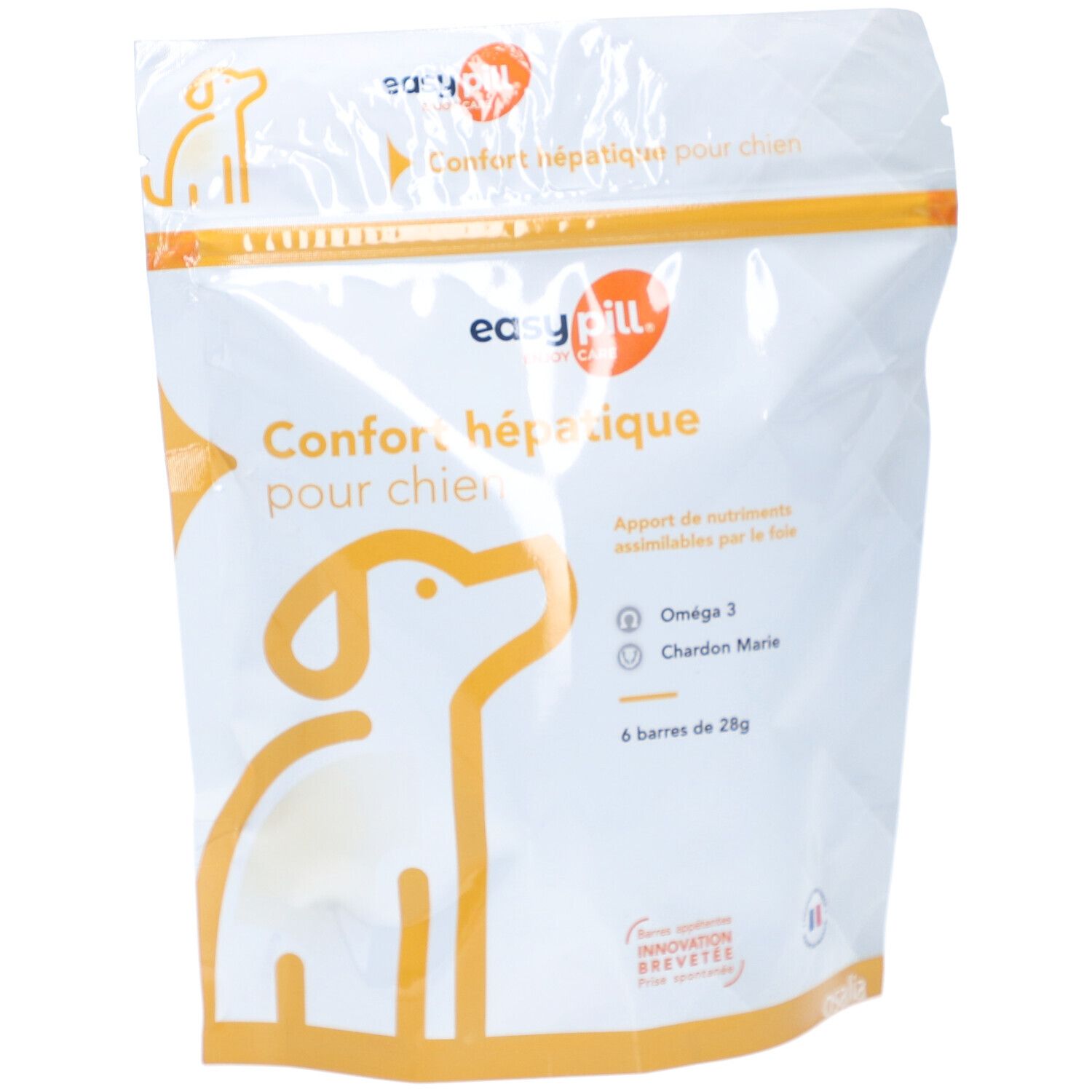 Sachet "easy pill" pour chien. Texte: "Confort hépatique". Logo chien orange. 6 barres.