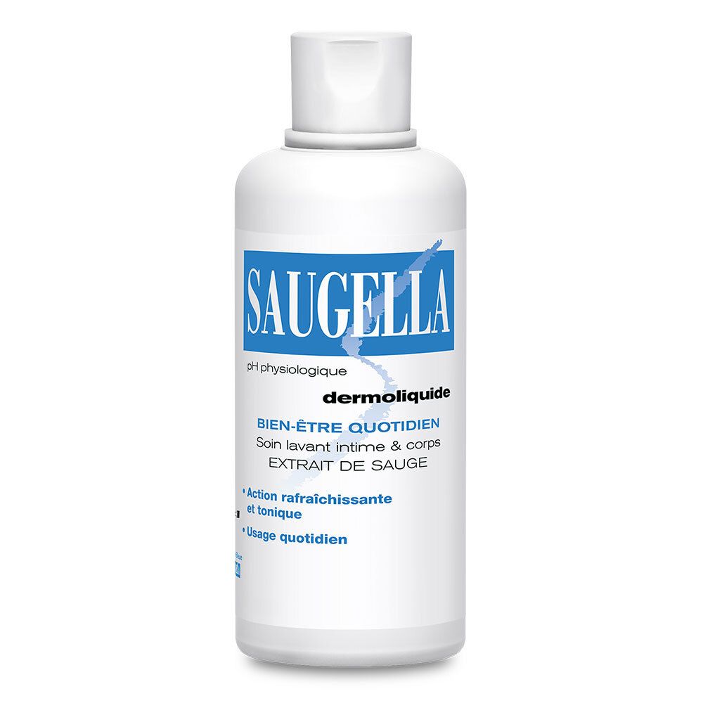 Flacon blanc avec étiquette bleue. Inscription: SAUGELLA, dermoliquide, Bien-être quotidien.