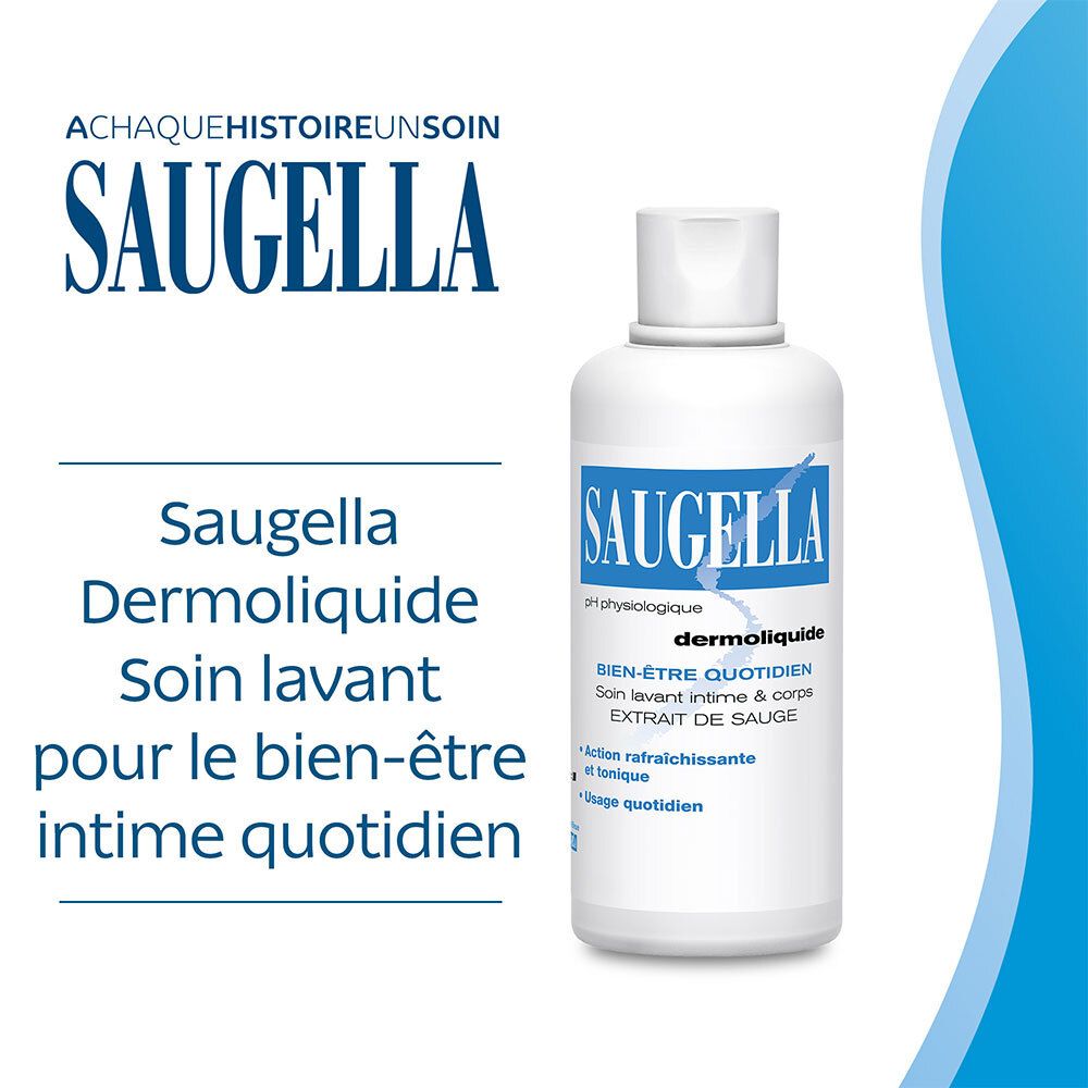 Flacon avec étiquette bleue. Texte: SAUGELLA, dermoliquide, Soin lavant pour le bien-être intime quotidien.