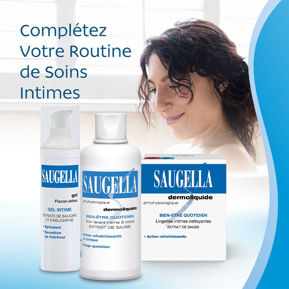 Trois produits: gel, flacon et boîte. Texte: SAUGELLA. Femme en arrière-plan.