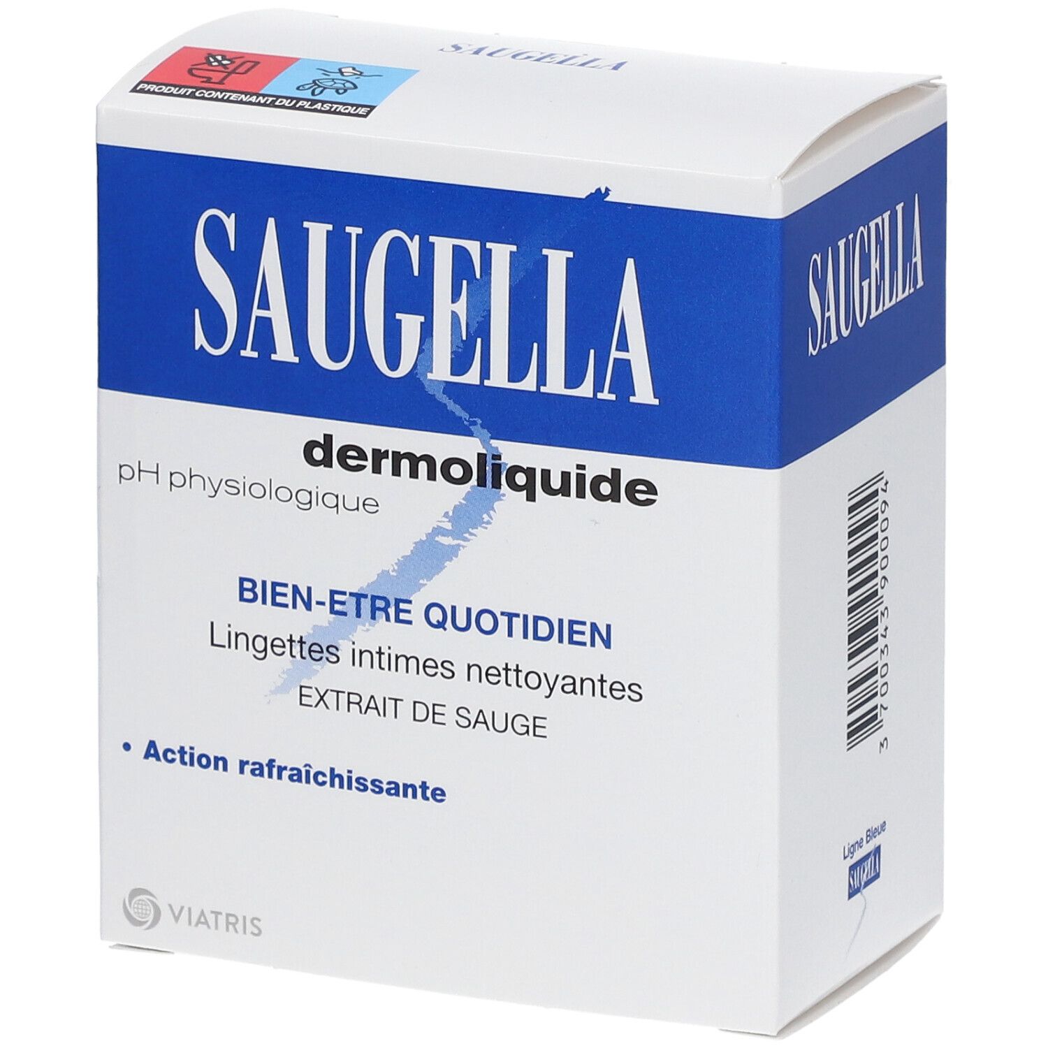Witte doos met blauwe band. Opschrift SAUGELLA, dermoliquide, pH physiologique. Tekst: Bien-être quotidien, Lingettes intimes nettoyantes, Extrait de sauge.
