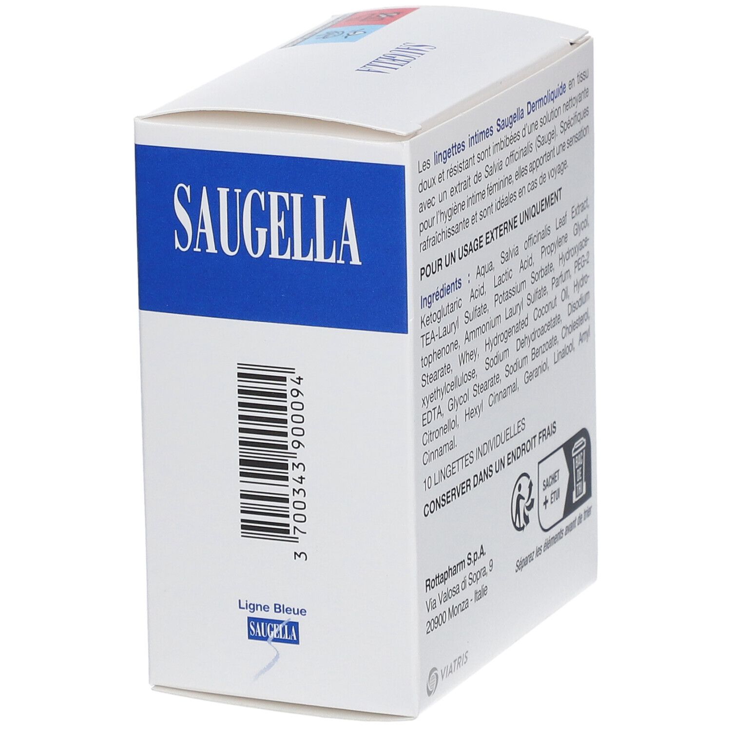 Zijaanzicht van de verpakking. Barcode en Franse tekst. Logo SAUGELLA.