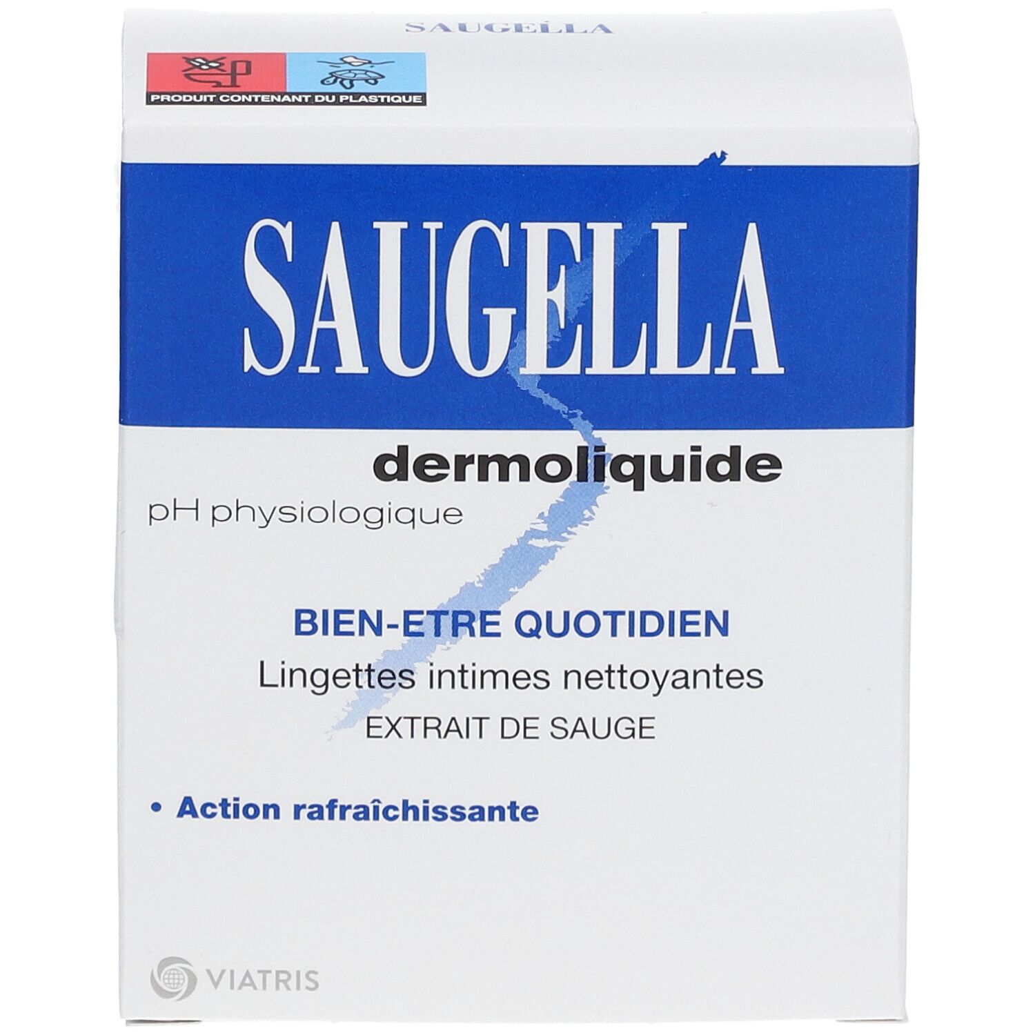 Witte doos met blauwe band. Opschrift SAUGELLA, dermoliquide, pH physiologique. Tekst: Bien-être quotidien, Lingettes intimes nettoyantes, Extrait de sauge.