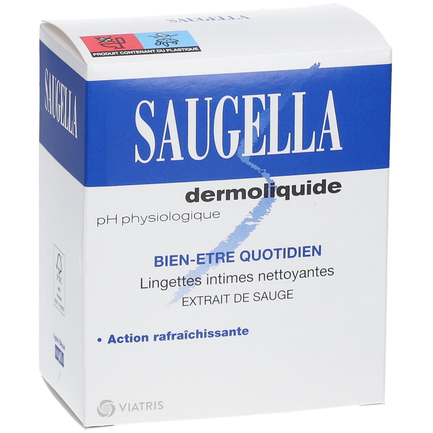 Witte doos met blauwe band. Opschrift SAUGELLA, dermoliquide, pH physiologique. Tekst: Bien-être quotidien, Lingettes intimes nettoyantes, Extrait de sauge.