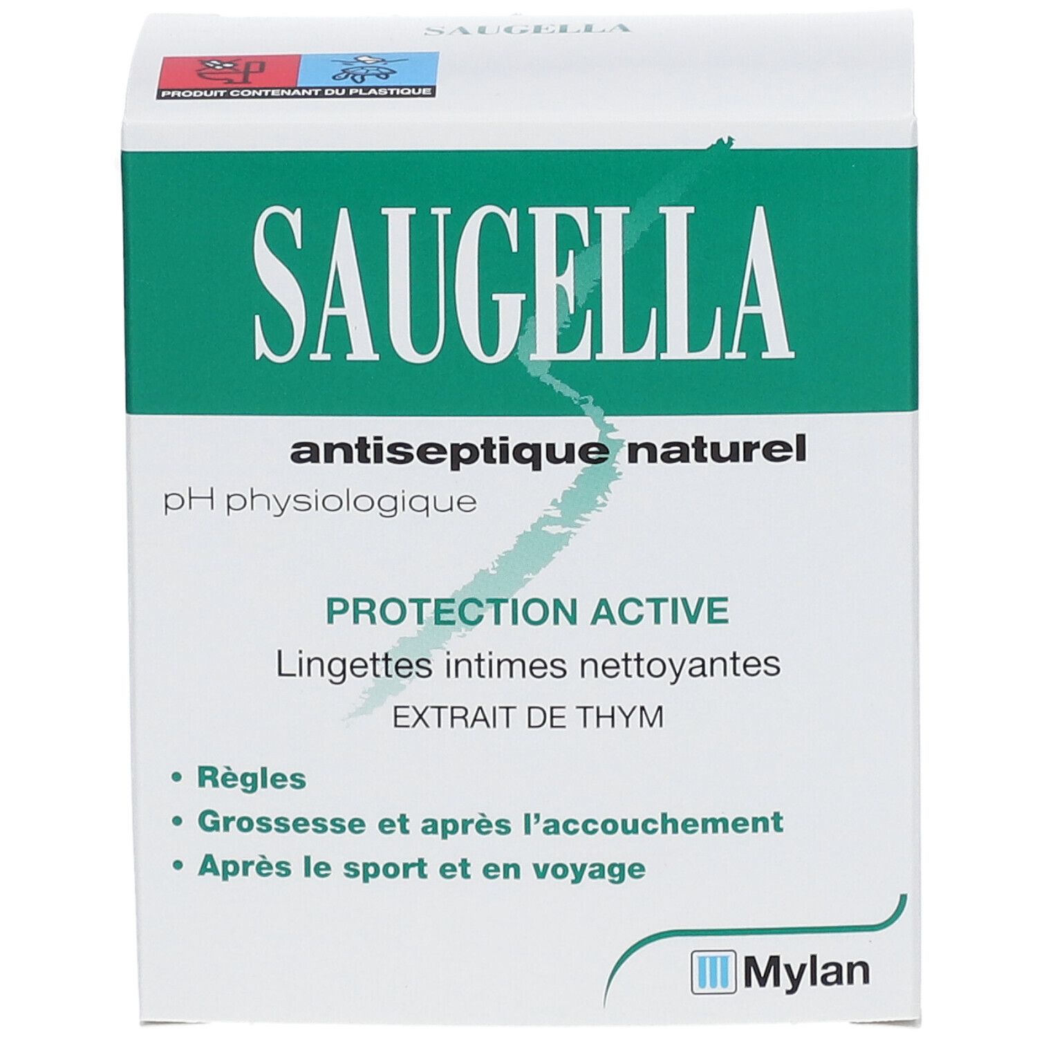 Boîte blanche et verte. Inscription SAUGELLA, antiseptique naturel, PROTECTION ACTIVE. Logo Mylan.