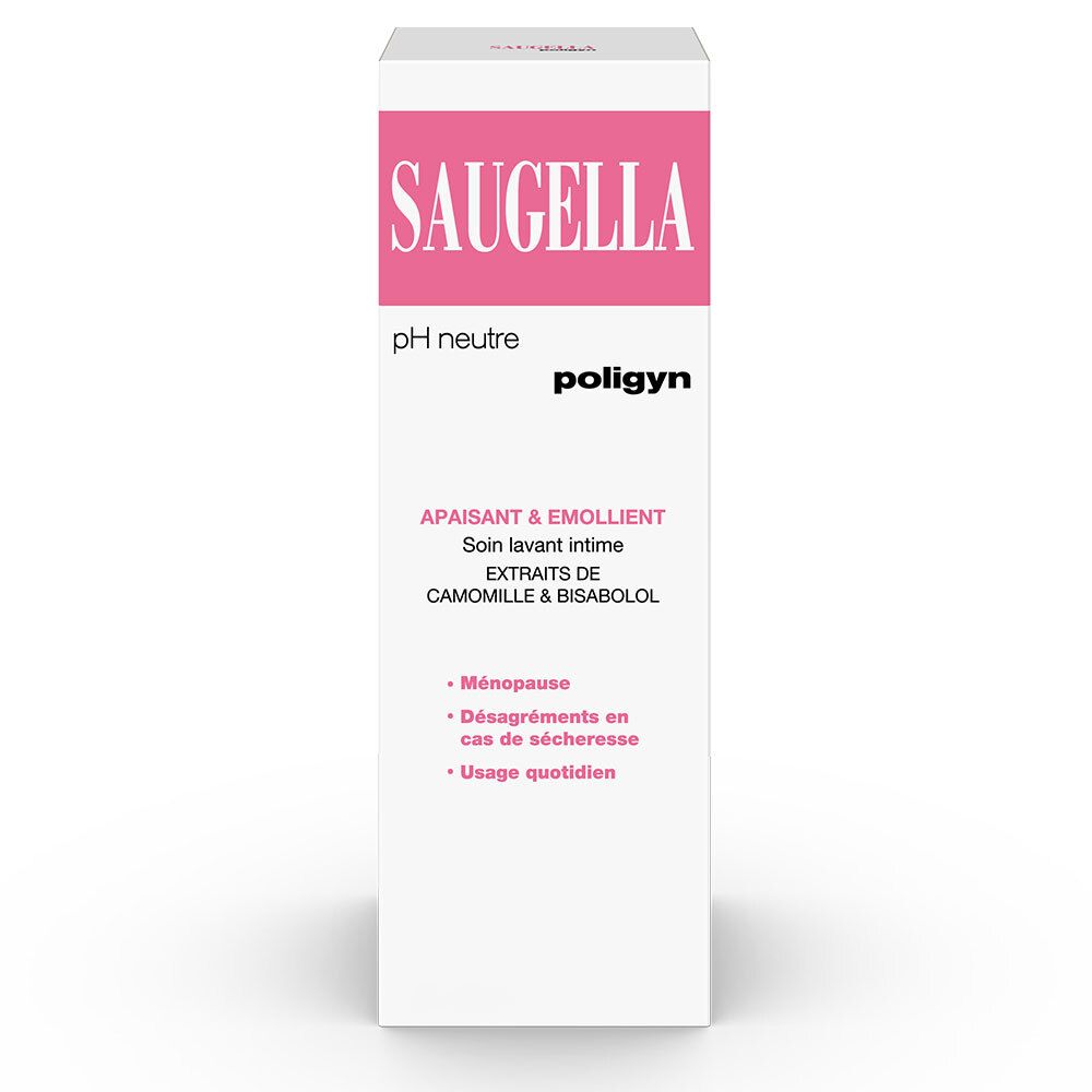 Boîte Saugella, blanc et rose. Texte: Saugella, pH neutre, poligyn. Soin lavant intime. Extraits de camomille.
