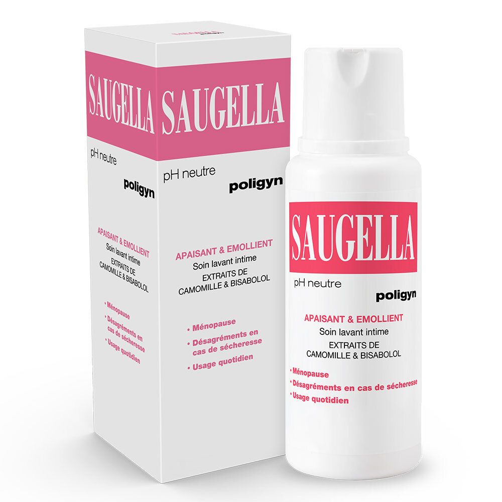 Flacon et boîte Saugella, blanc et rose. Texte: Saugella, pH neutre, poligyn. Soin lavant intime.