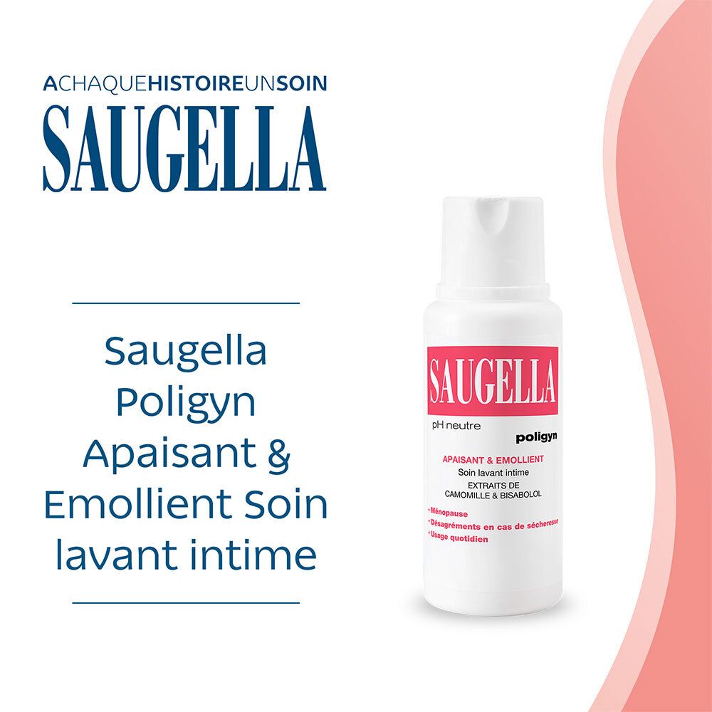 Flacon Saugella. Texte: Saugella, poligyn, pH neutre. Soin lavant intime. Fond rose et blanc.