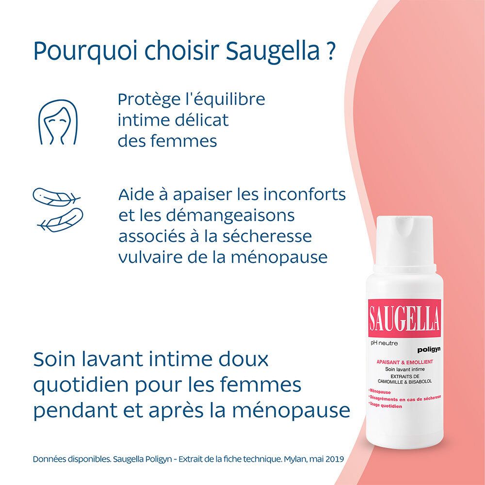 Texte avec flacon. Texte: Pourquoi choisir Saugella? Protège l'équilibre intime. Soin lavant doux.
