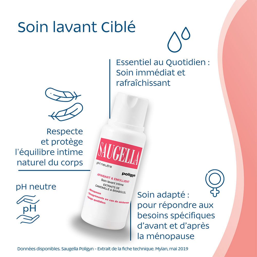 Texte avec flacon. Texte: Soin lavant ciblé. Essentiel au quotidien. Pour besoins spécifiques.