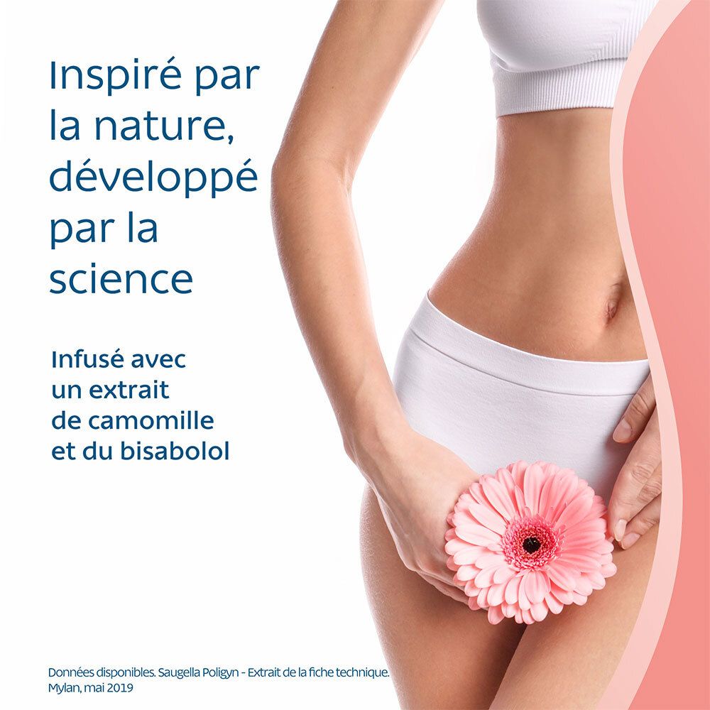 Femme avec fleur. Texte: Inspiré par la nature, développé par la science. Avec camomille et bisabolol.