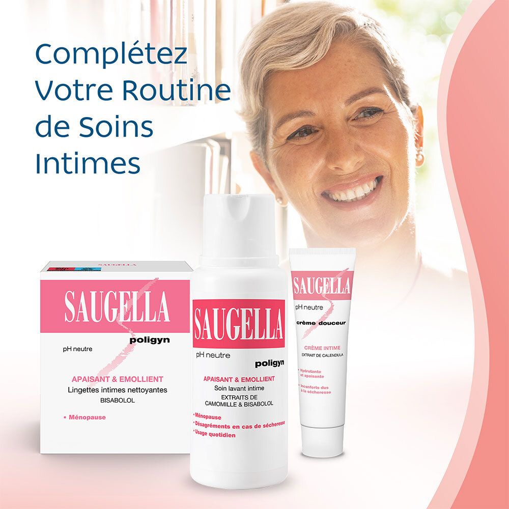 Femme avec produits. Produits: Lingettes, flacon et crème Saugella. Pour l'hygiène intime.