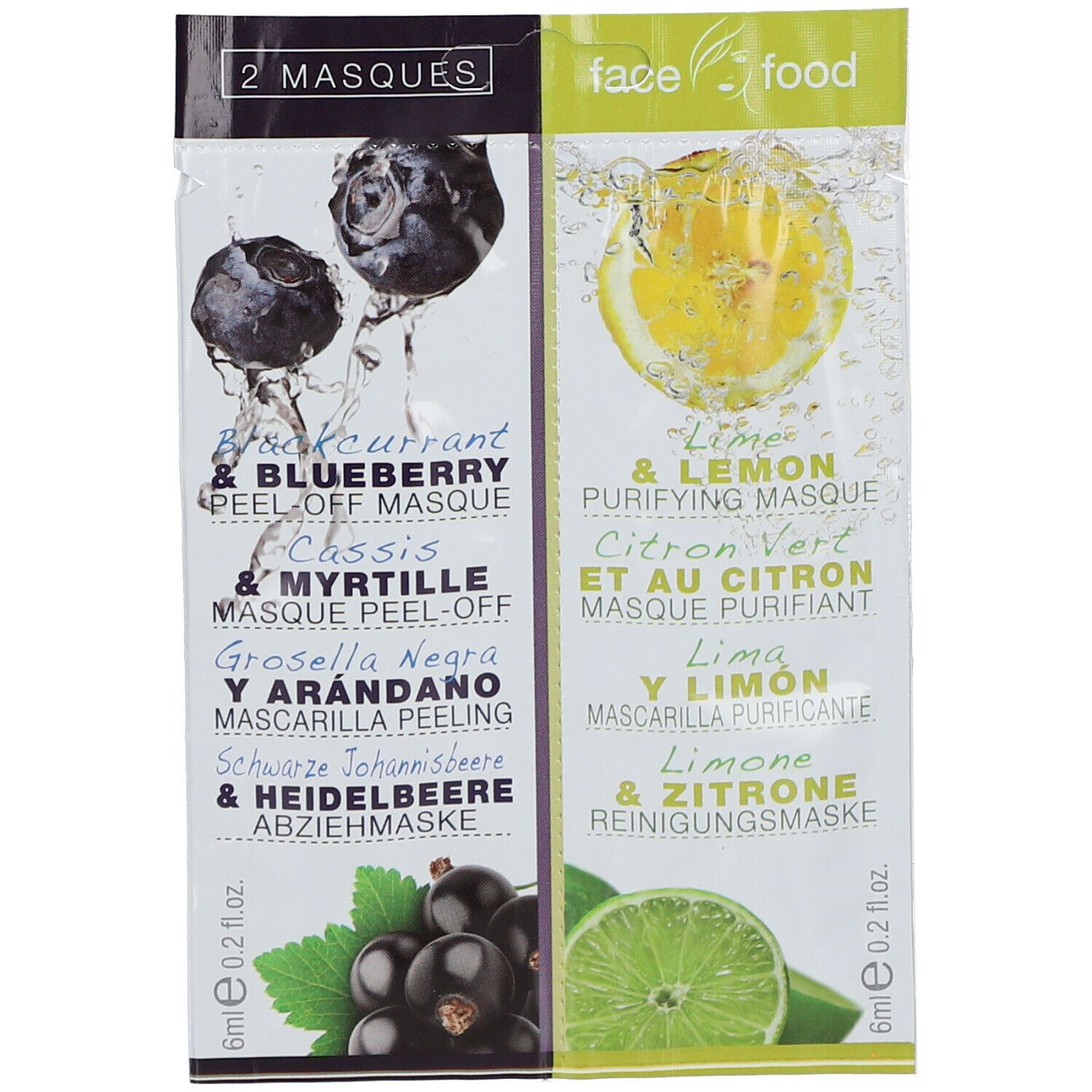 Deux sachets de masques faciaux. À gauche : myrtille. À droite : citron vert. Texte : "Face Food".