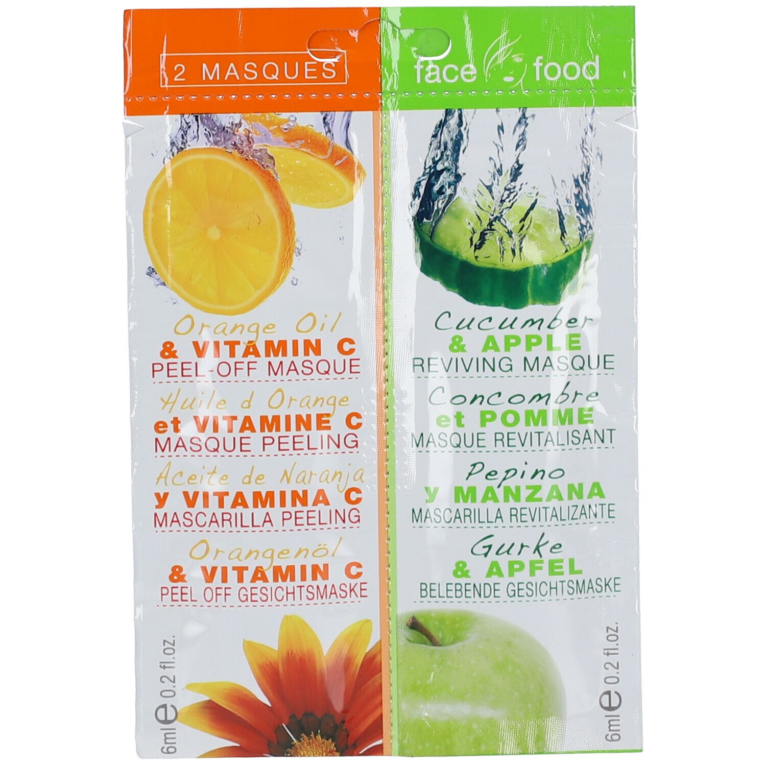 Deux sachets de masques : orange et concombre. Face Food. Ingrédients et noms. 6ml par sachet.
